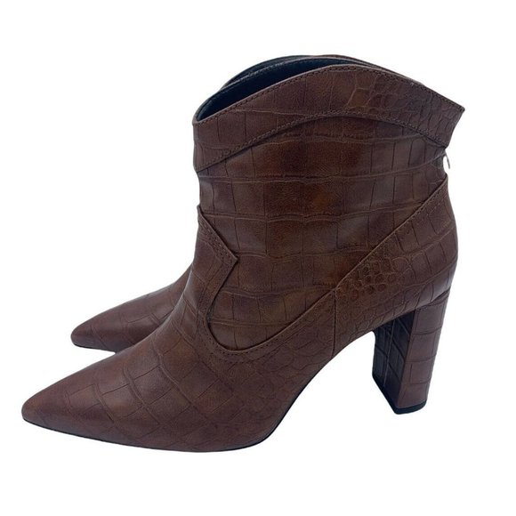 Mango Size 38 (US 7.5) Brown Faux Leather Pointed Toe Block Heel Booties - Picture 1 of 10